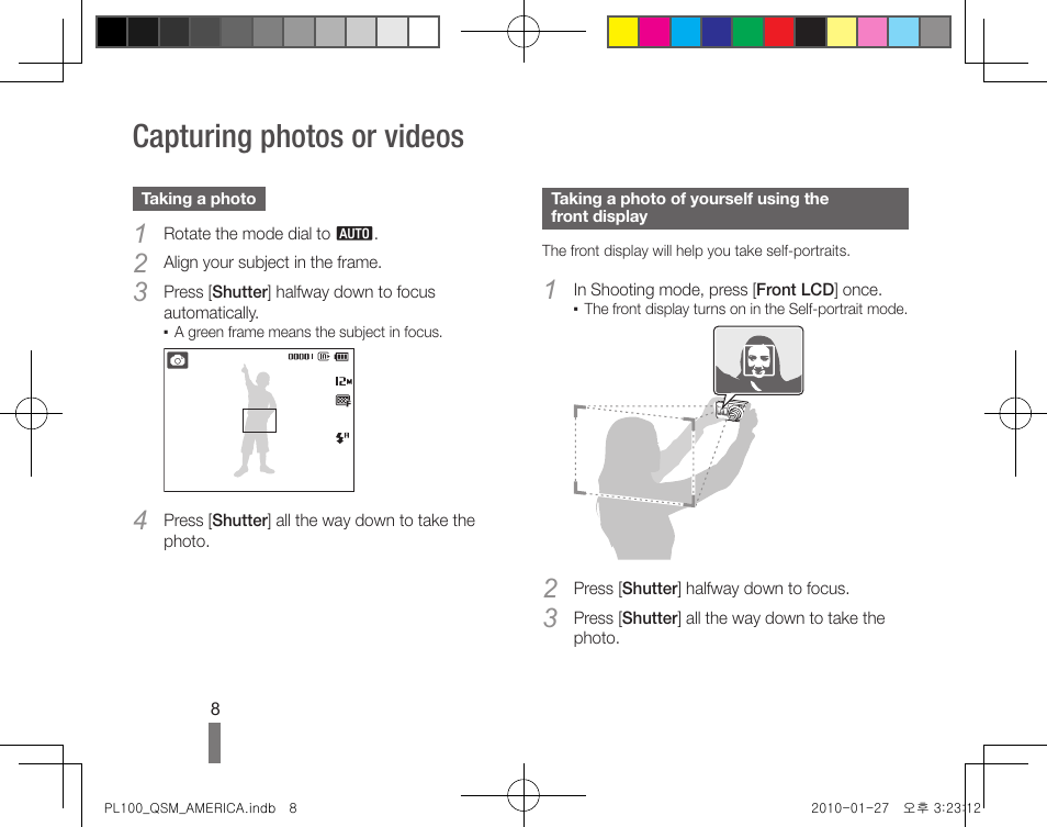 Capturing photos or videos | Samsung EC-PL100ZBPPPA User Manual | Page 8 / 32