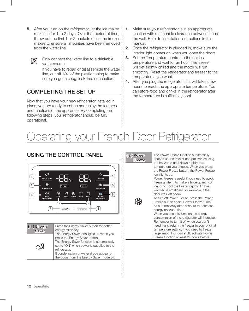 Operating your french door refrigerator, Completing the set up, Using the control panel | Samsung RF4287HAPN-XAA User Manual | Page 12 / 56