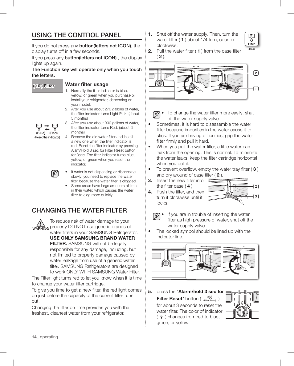 Using the control panel, Changing the water filter | Samsung RF4287HAPN-XAA User Manual | Page 14 / 56