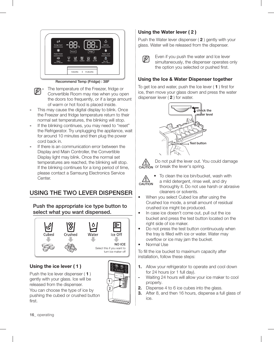 Using the two lever dispenser | Samsung RF4287HAPN-XAA User Manual | Page 16 / 56