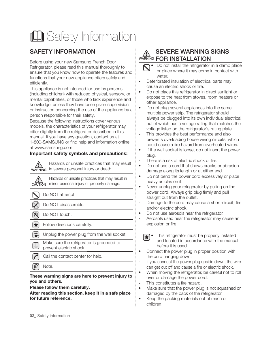 Safety information, Severe warning signs for installation | Samsung RF4287HAPN-XAA User Manual | Page 2 / 56
