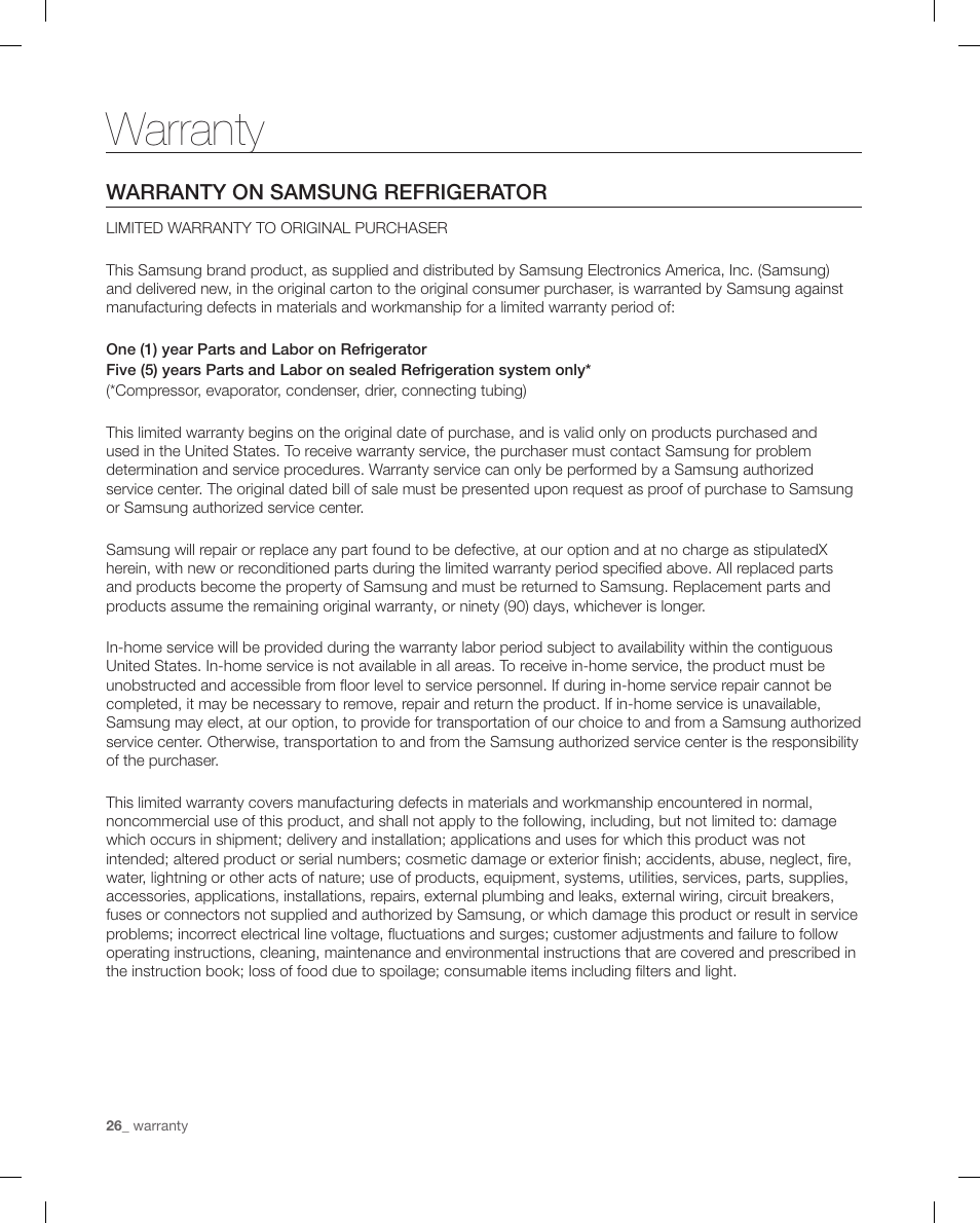 Warranty, Warranty on samsung refrigerator | Samsung RF4287HAPN-XAA User Manual | Page 26 / 56