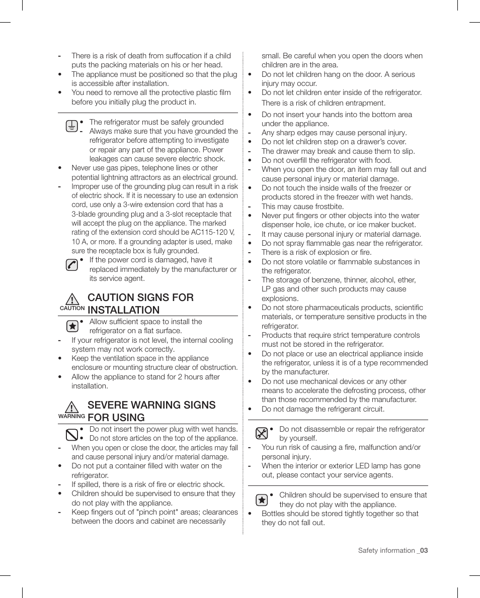 Caution signs for installation, Severe warning signs for using | Samsung RF4287HAPN-XAA User Manual | Page 3 / 56