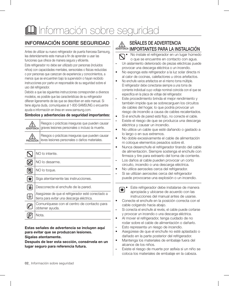 Información sobre seguridad | Samsung RF4287HAPN-XAA User Manual | Page 30 / 56
