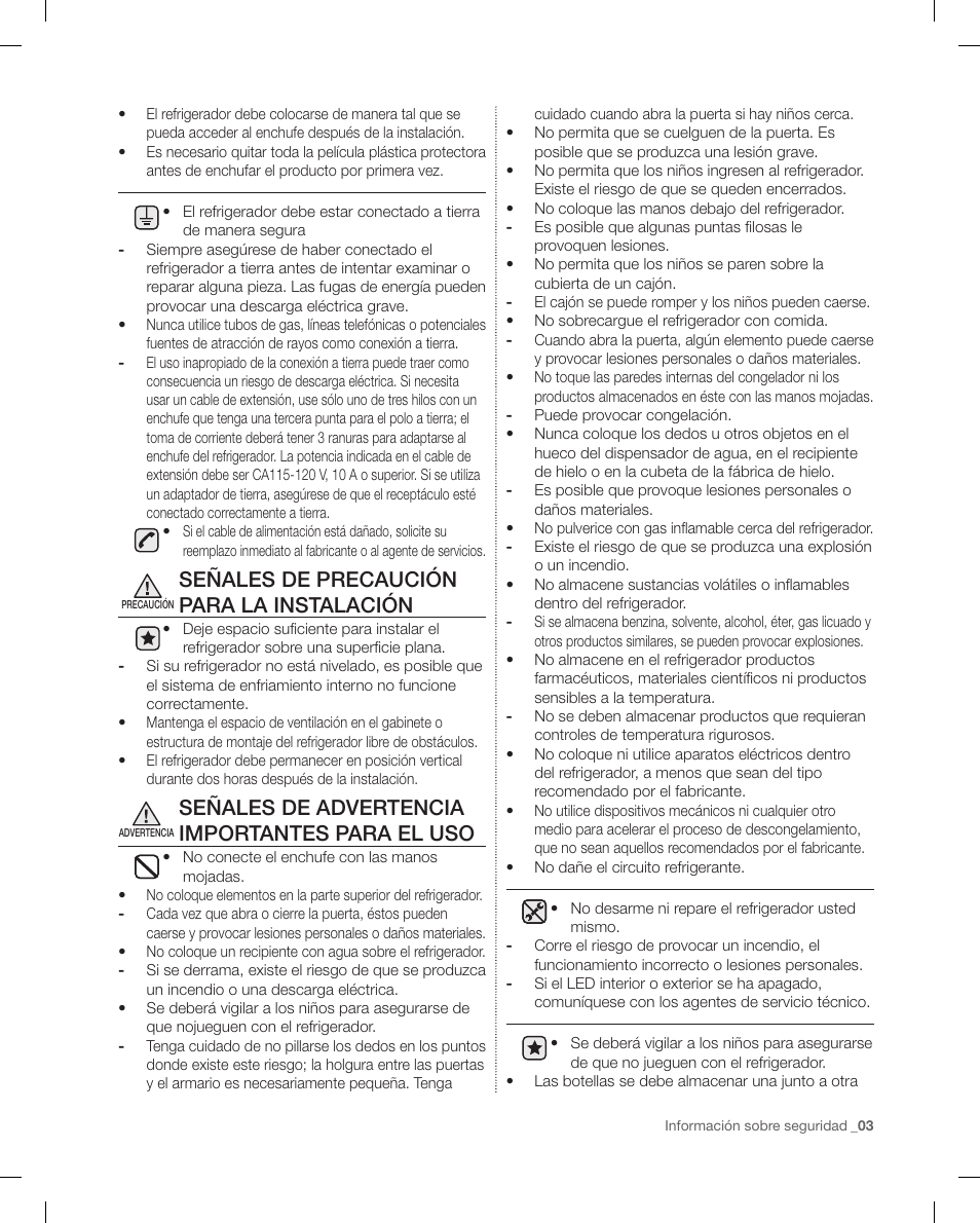 Señales de precaución para la instalación, Señales de advertencia importantes para el uso | Samsung RF4287HAPN-XAA User Manual | Page 31 / 56