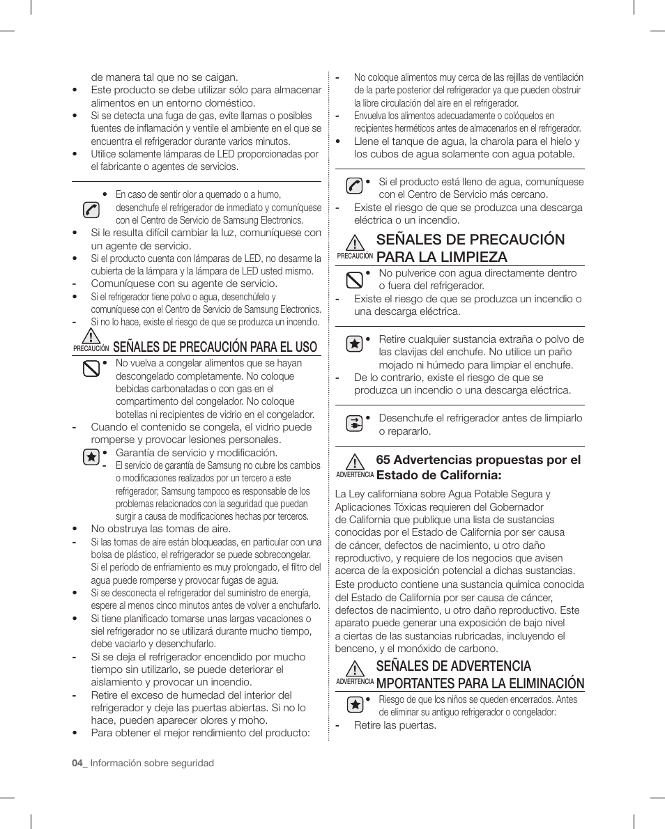 Señales de precaución para el uso, Señales de precaución para la limpieza | Samsung RF4287HAPN-XAA User Manual | Page 32 / 56