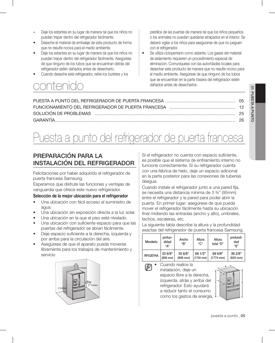 Preparación para la instalación del refrigerador | Samsung RF4287HAPN-XAA User Manual | Page 33 / 56
