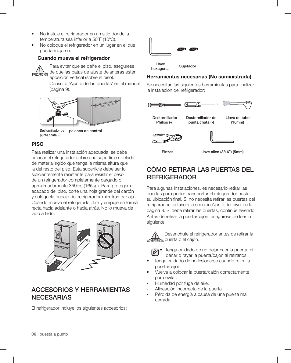 Accesorios y herramientas necesarias, Cómo retirar las puertas del refrigerador | Samsung RF4287HAPN-XAA User Manual | Page 34 / 56