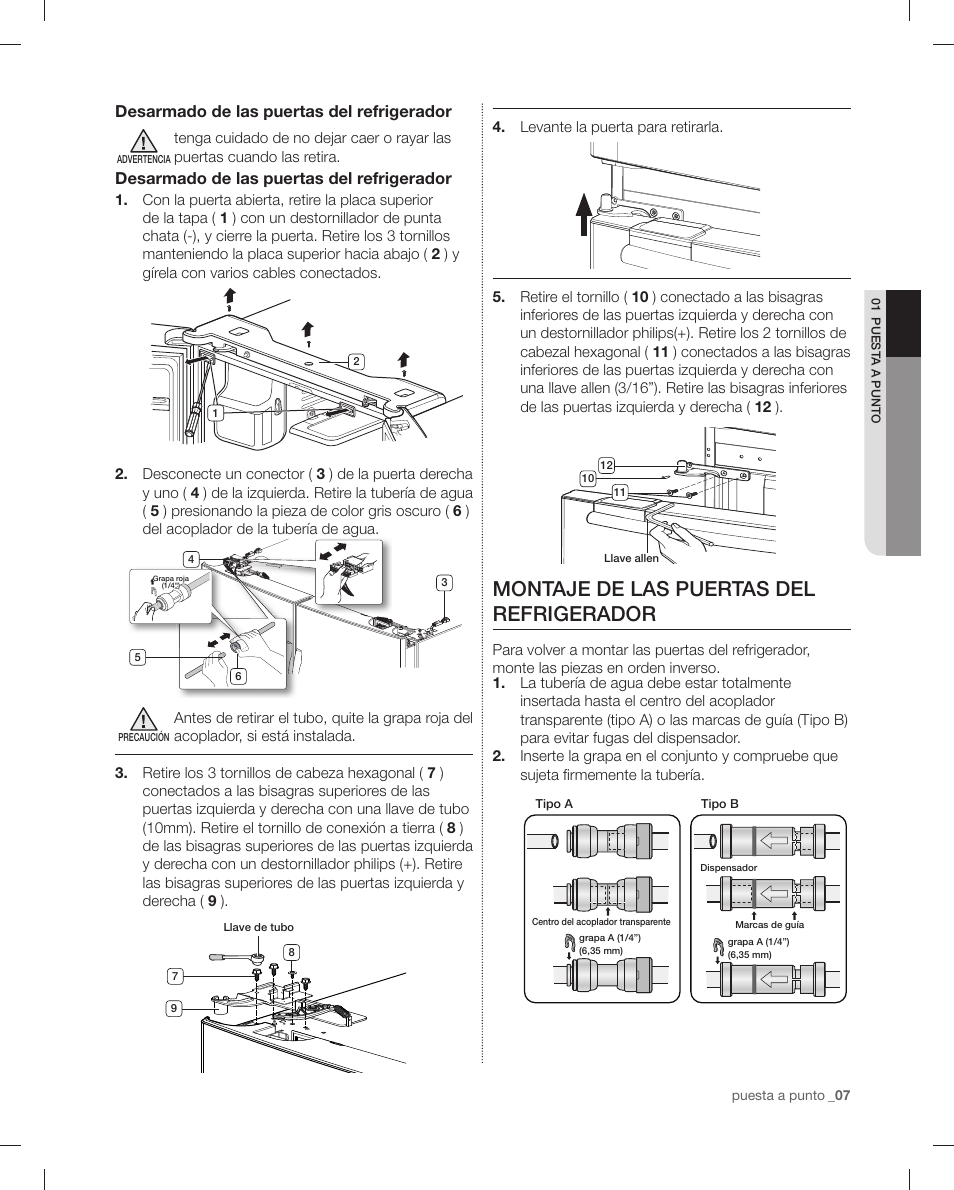Montaje de las puertas del refrigerador, Desarmado de las puertas del refrigerador | Samsung RF4287HAPN-XAA User Manual | Page 35 / 56