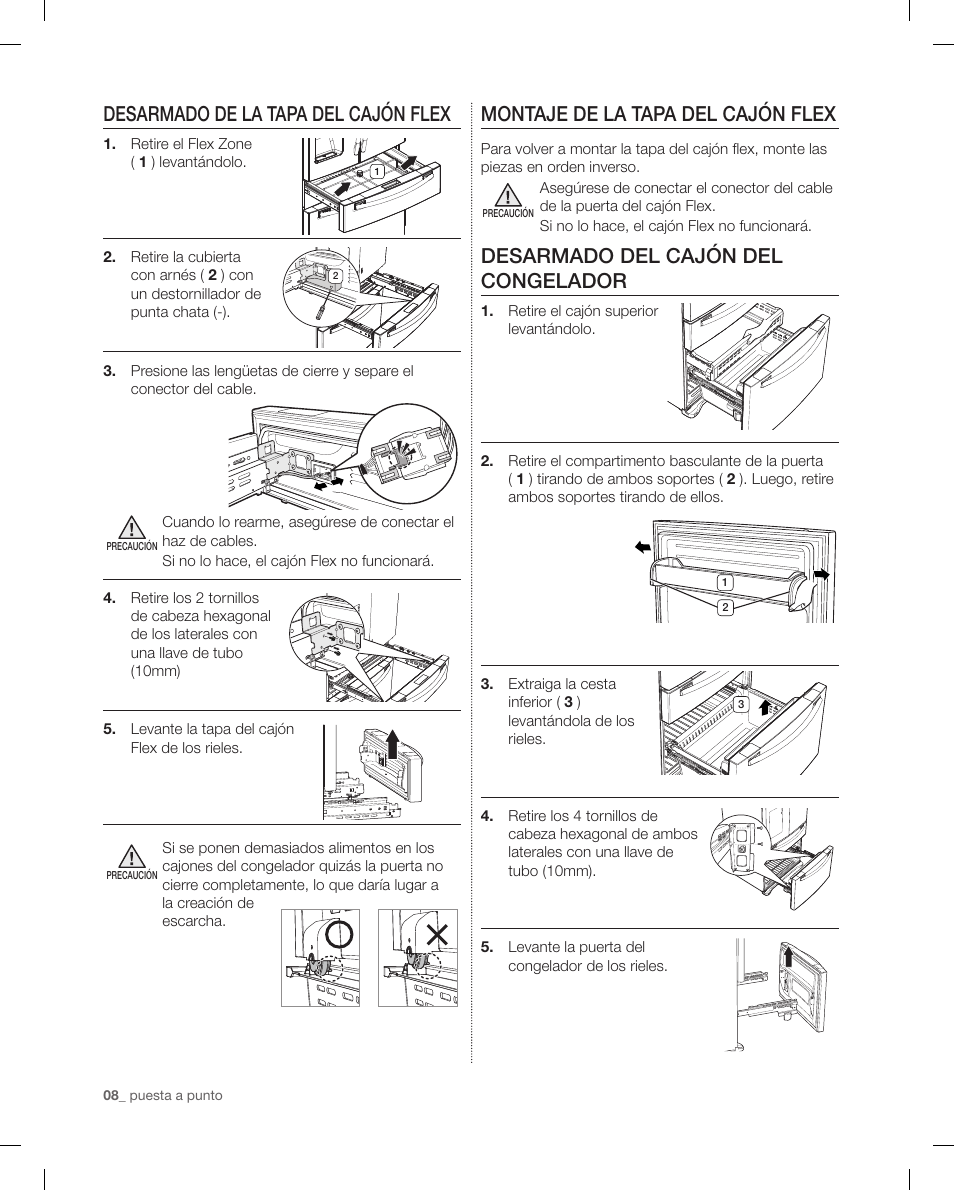 Desarmado de la tapa del cajón flex, Montaje de la tapa del cajón flex, Desarmado del cajón del congelador | Samsung RF4287HAPN-XAA User Manual | Page 36 / 56