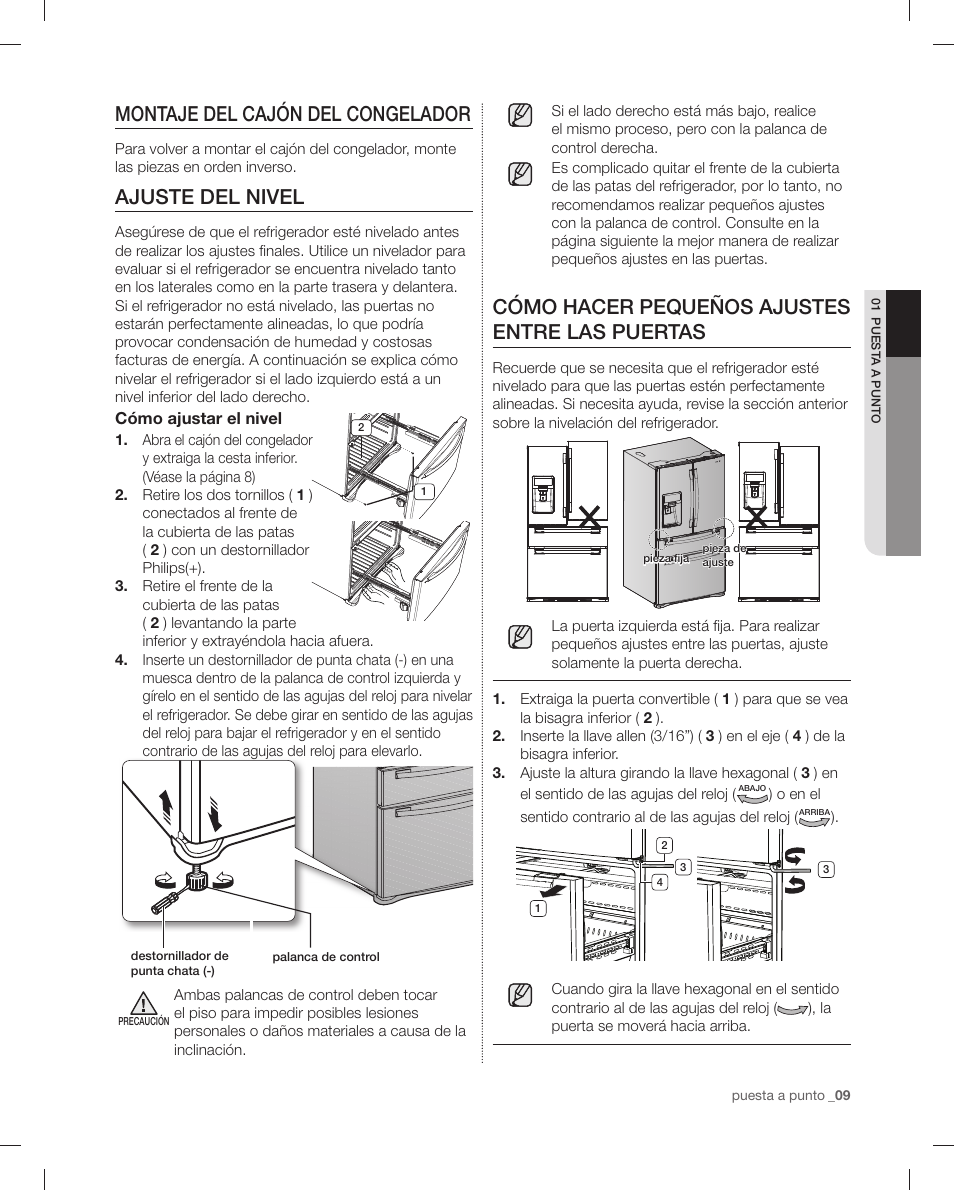 Montaje del cajón del congelador, Ajuste del nivel, Cómo hacer pequeños ajustes entre las puertas | Samsung RF4287HAPN-XAA User Manual | Page 37 / 56