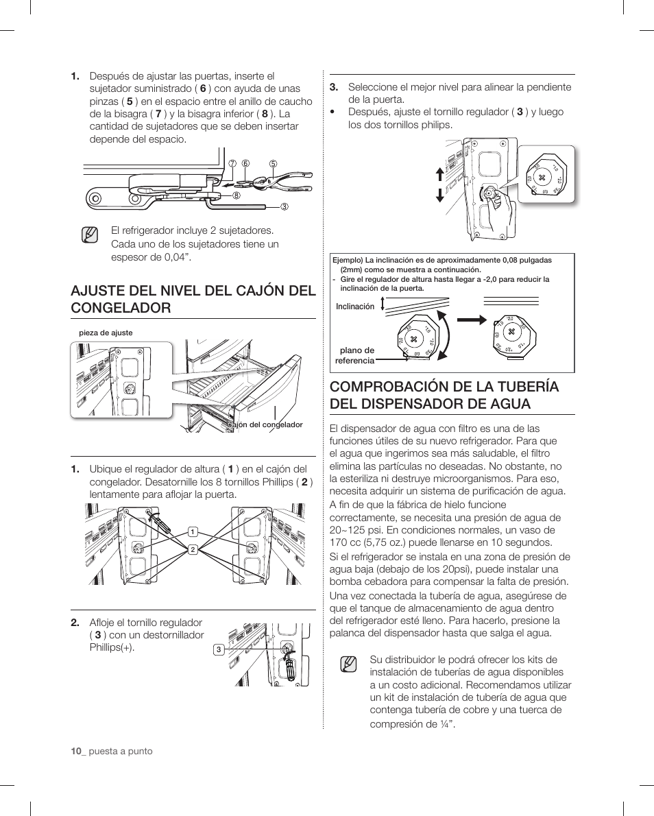 Ajuste del nivel del cajón del congelador, Comprobación de la tubería del dispensador de agua | Samsung RF4287HAPN-XAA User Manual | Page 38 / 56