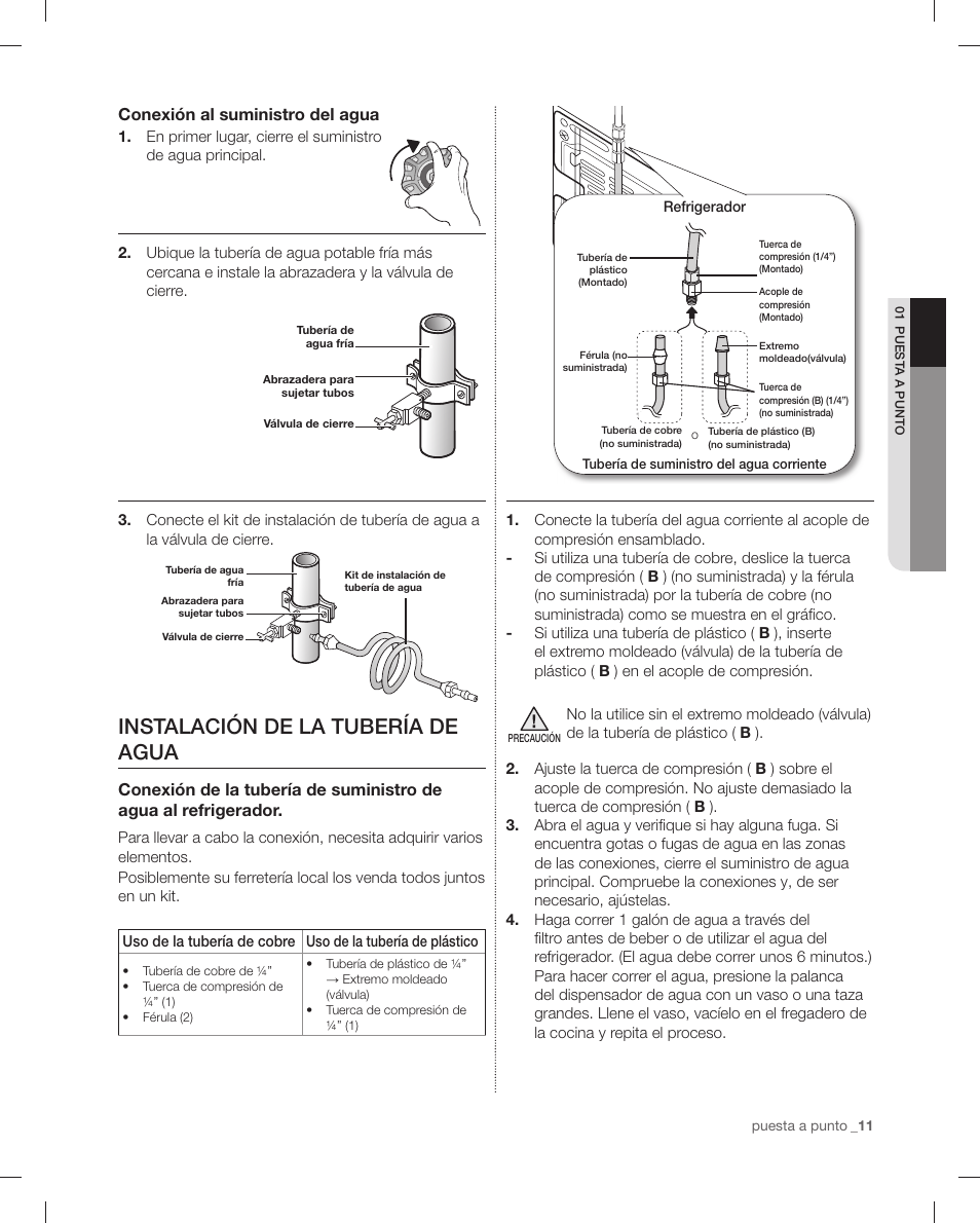 Instalación de la tubería de agua, Conexión al suministro del agua | Samsung RF4287HAPN-XAA User Manual | Page 39 / 56