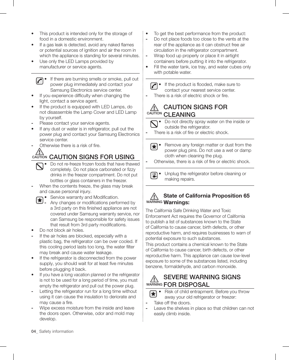 Caution signs for using, Caution signs for cleaning, Severe warning signs for disposal | Samsung RF4287HAPN-XAA User Manual | Page 4 / 56