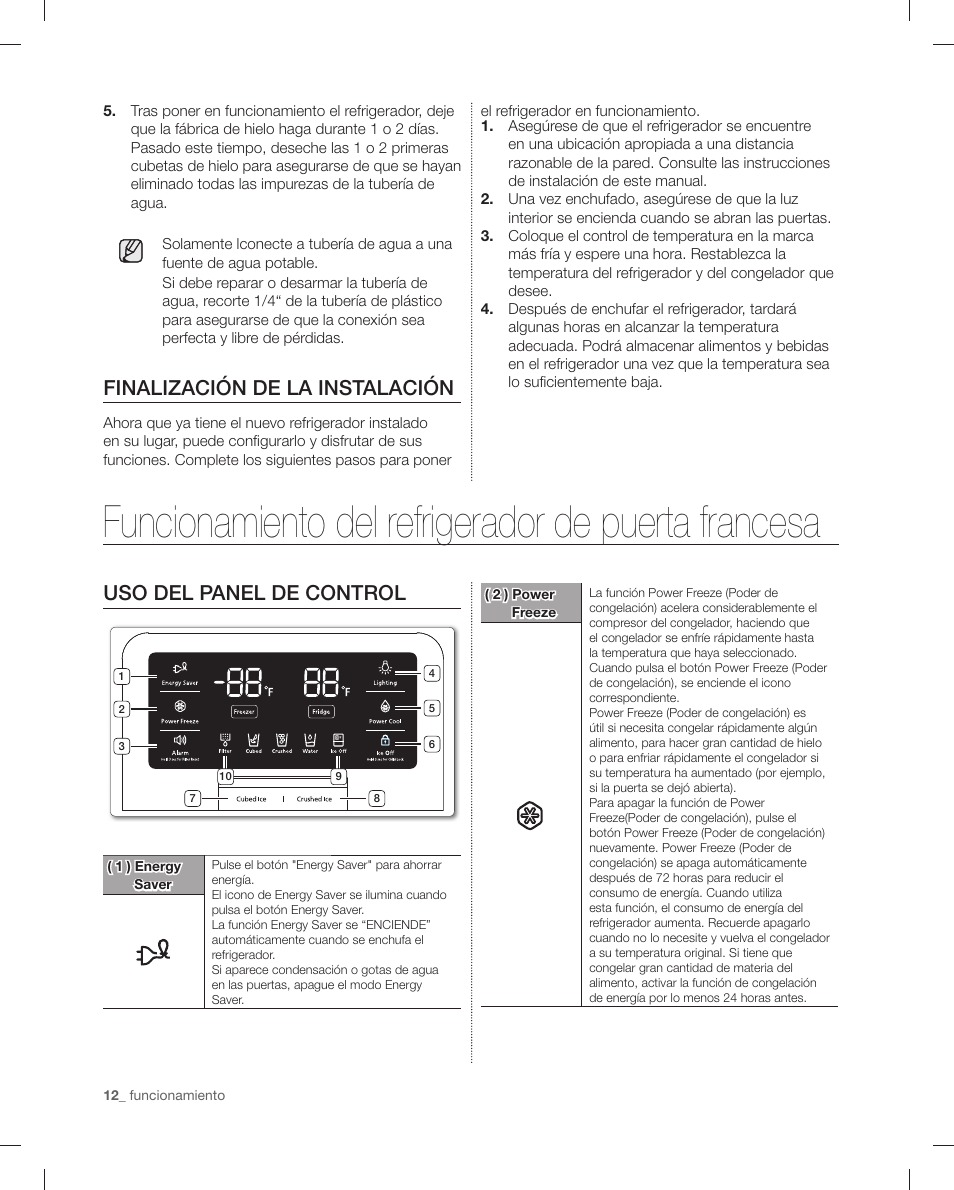 Funcionamiento del refrigerador de puerta francesa, Finalización de la instalación, Uso del panel de control | Samsung RF4287HAPN-XAA User Manual | Page 40 / 56