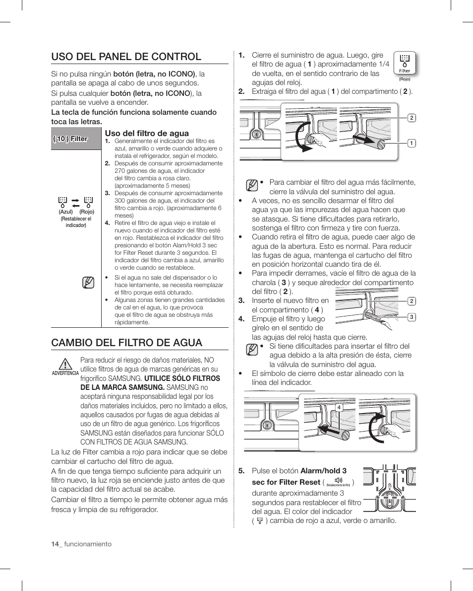 Uso del panel de control, Cambio del filtro de agua | Samsung RF4287HAPN-XAA User Manual | Page 42 / 56