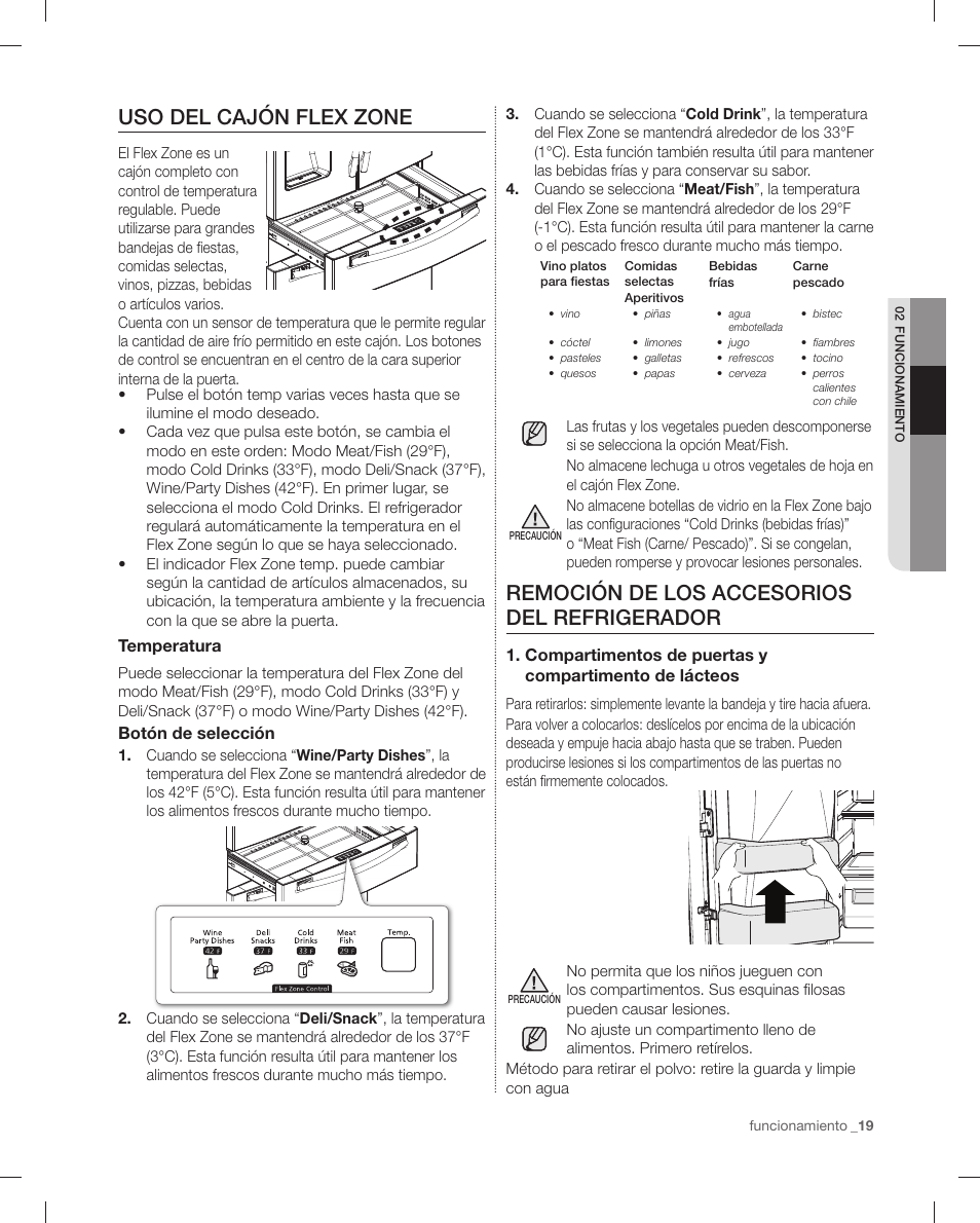 Uso del cajón flex zone, Remoción de los accesorios del refrigerador | Samsung RF4287HAPN-XAA User Manual | Page 47 / 56