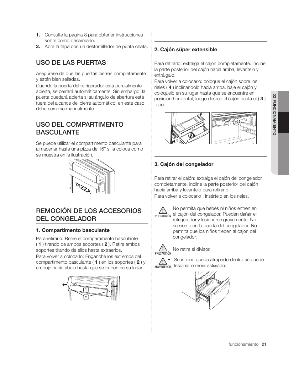 Uso de las puertas, Uso del compartimento basculante, Remoción de los accesorios del congelador | Samsung RF4287HAPN-XAA User Manual | Page 49 / 56