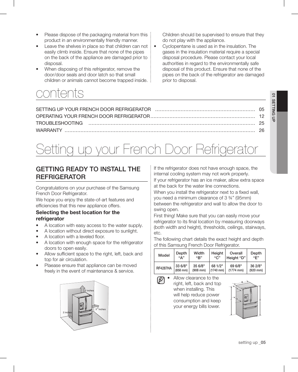 Setting up your french door refrigerator contents, Getting ready to install the refrigerator | Samsung RF4287HAPN-XAA User Manual | Page 5 / 56