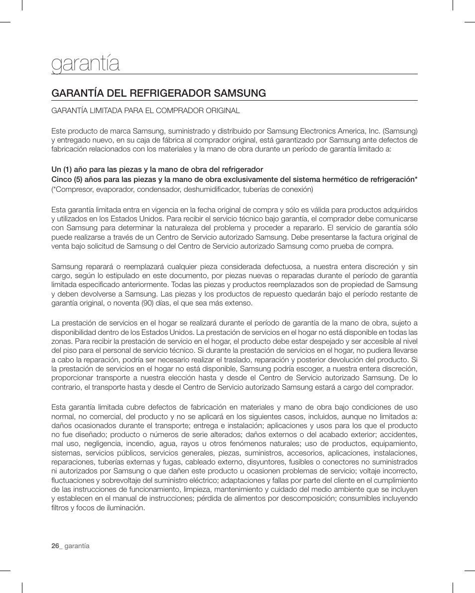 Garantía, Garantía del refrigerador samsung | Samsung RF4287HAPN-XAA User Manual | Page 54 / 56