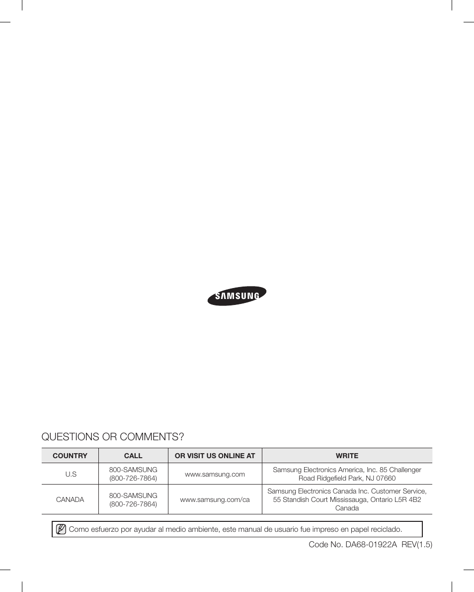 Questions or comments | Samsung RF4287HAPN-XAA User Manual | Page 56 / 56