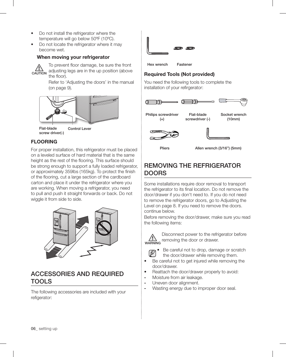 Accessories and required tools, Removing the refrigerator doors | Samsung RF4287HAPN-XAA User Manual | Page 6 / 56