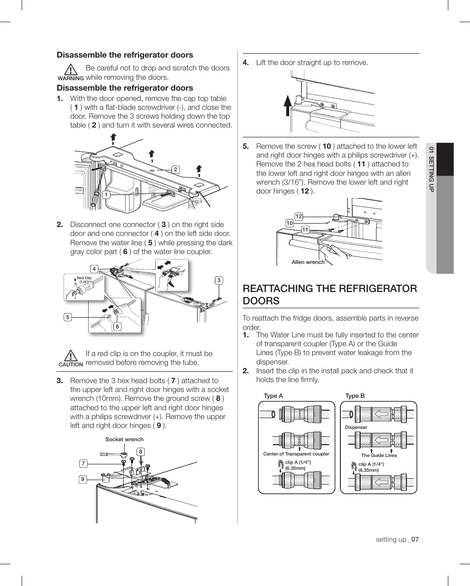 Reattaching the refrigerator doors, Disassemble the refrigerator doors | Samsung RF4287HAPN-XAA User Manual | Page 7 / 56