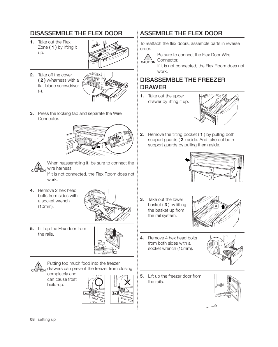 Disassemble the flex door, Assemble the flex door, Disassemble the freezer drawer | Samsung RF4287HAPN-XAA User Manual | Page 8 / 56