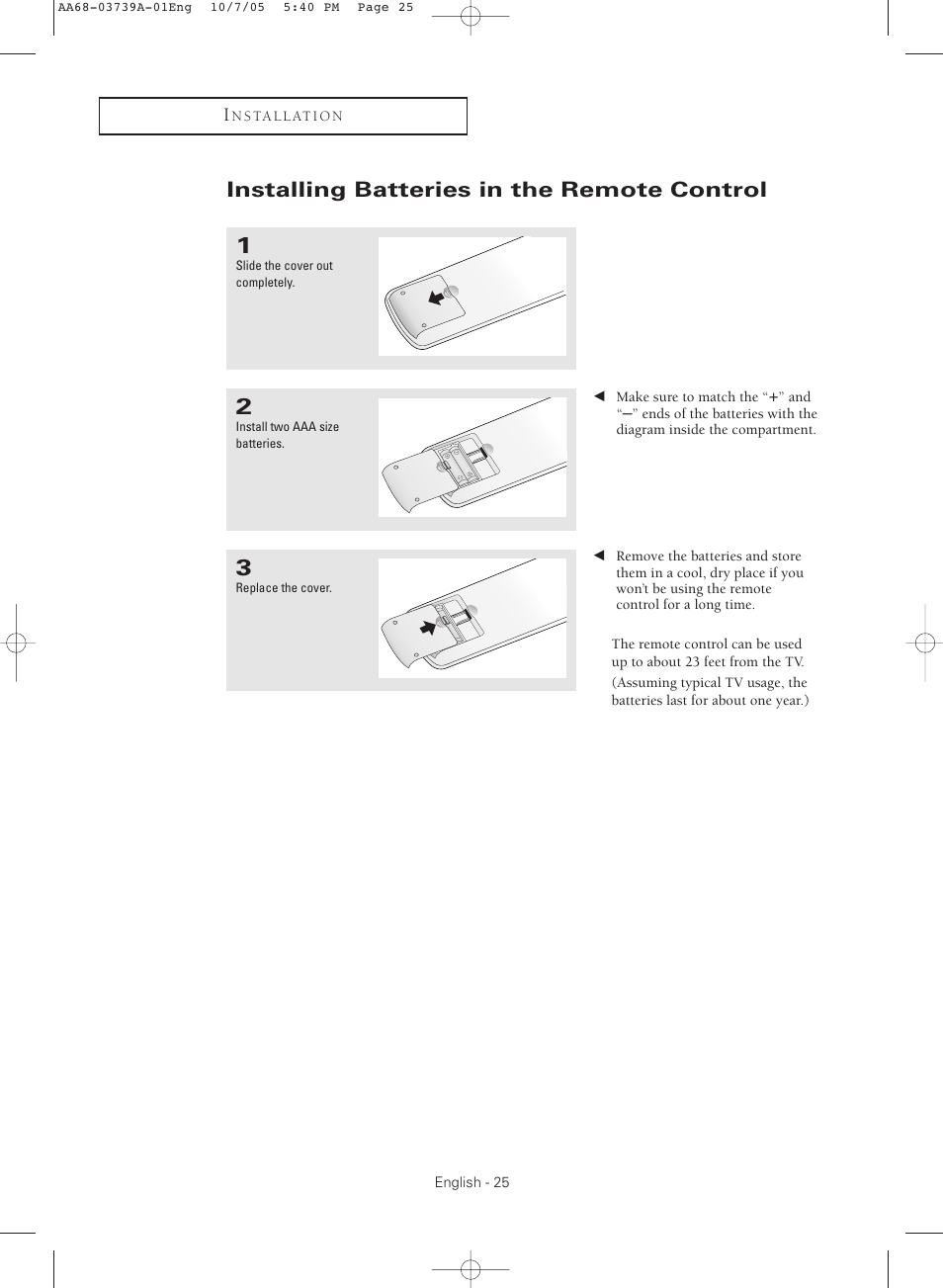 Installing batteries in the remote control | Samsung TXR3080WHKXXAA User Manual | Page 25 / 80