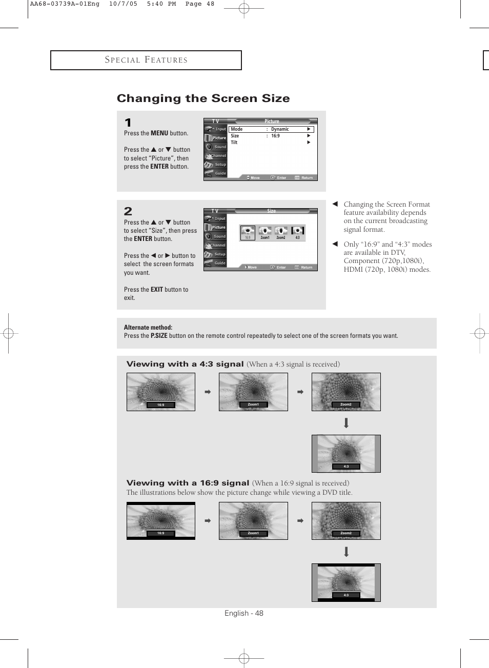 Changing the screen size | Samsung TXR3080WHKXXAA User Manual | Page 48 / 80