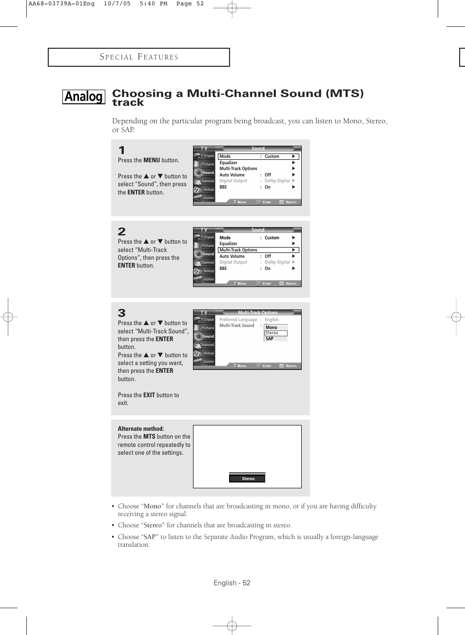 Choosing a multi-channel sound(mts) track-analog, Analog, Choosing a multi-channel sound (mts) track | Samsung TXR3080WHKXXAA User Manual | Page 52 / 80