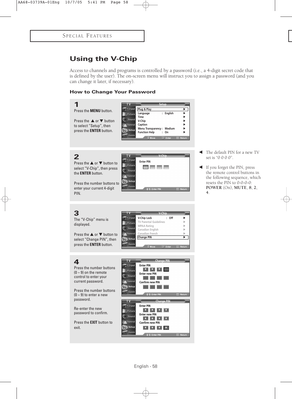 Using the v-chip, How to change your password | Samsung TXR3080WHKXXAA User Manual | Page 58 / 80