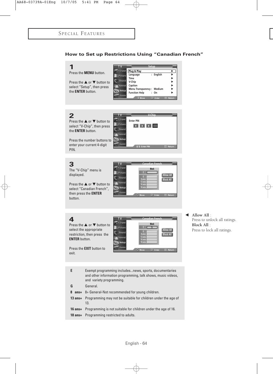 How to set up restrictions using“canadian french | Samsung TXR3080WHKXXAA User Manual | Page 64 / 80