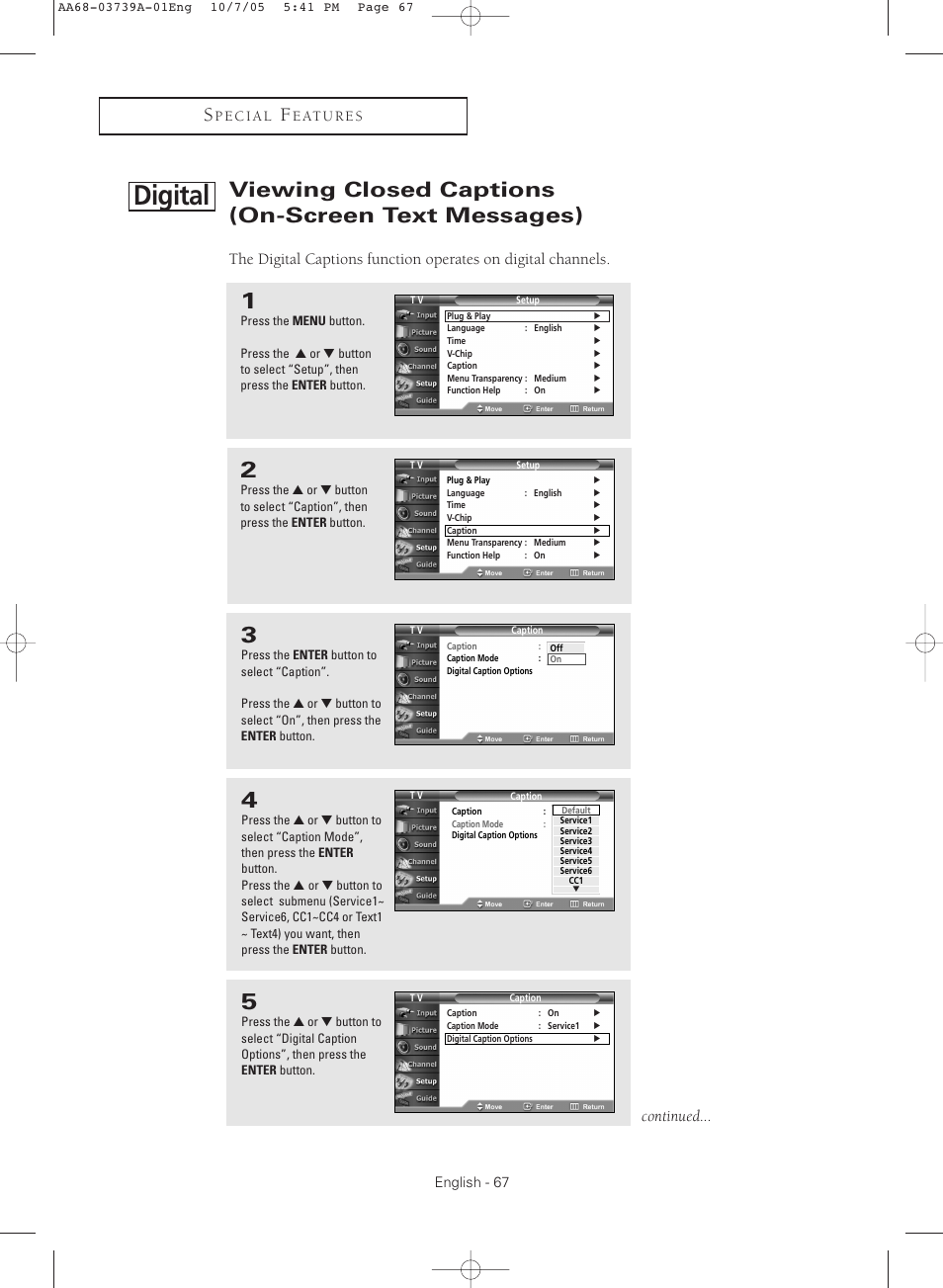 Digital, Viewing closed captions (on-screen text messages), Continued | Samsung TXR3080WHKXXAA User Manual | Page 67 / 80