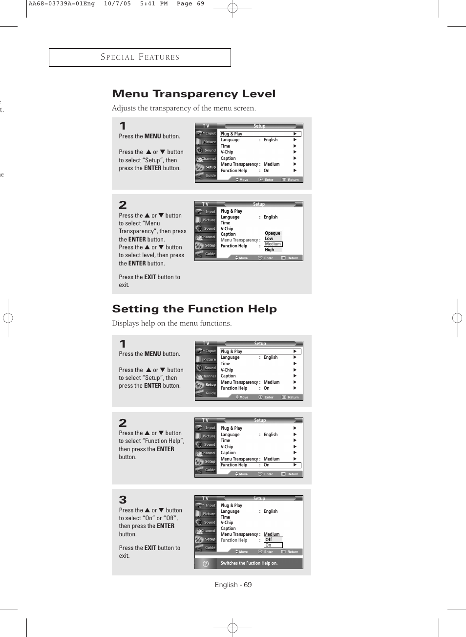 Menu transparency level, Setting the function help, Adjusts the transparency of the menu screen | Displays help on the menu functions | Samsung TXR3080WHKXXAA User Manual | Page 69 / 80