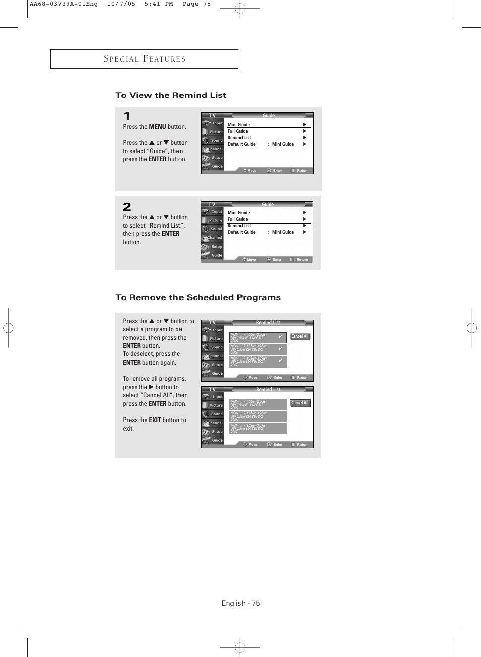To view the remind list, To remove the scheduled programs | Samsung TXR3080WHKXXAA User Manual | Page 75 / 80
