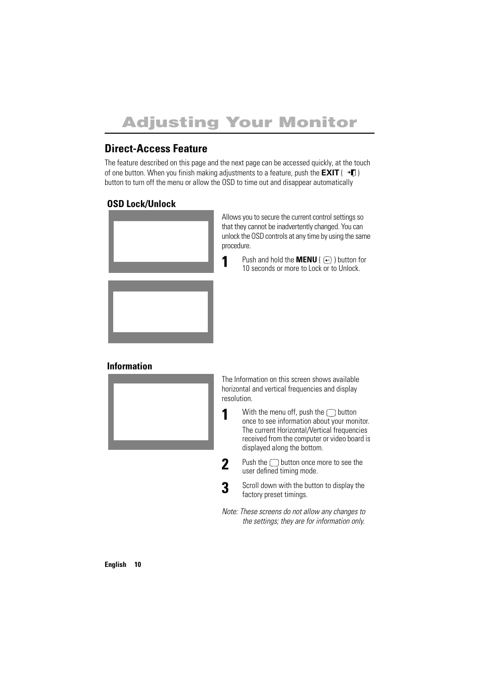 Adjusting your monitor, Direct-access feature | Samsung PG17NSBU-ADC User Manual | Page 12 / 35