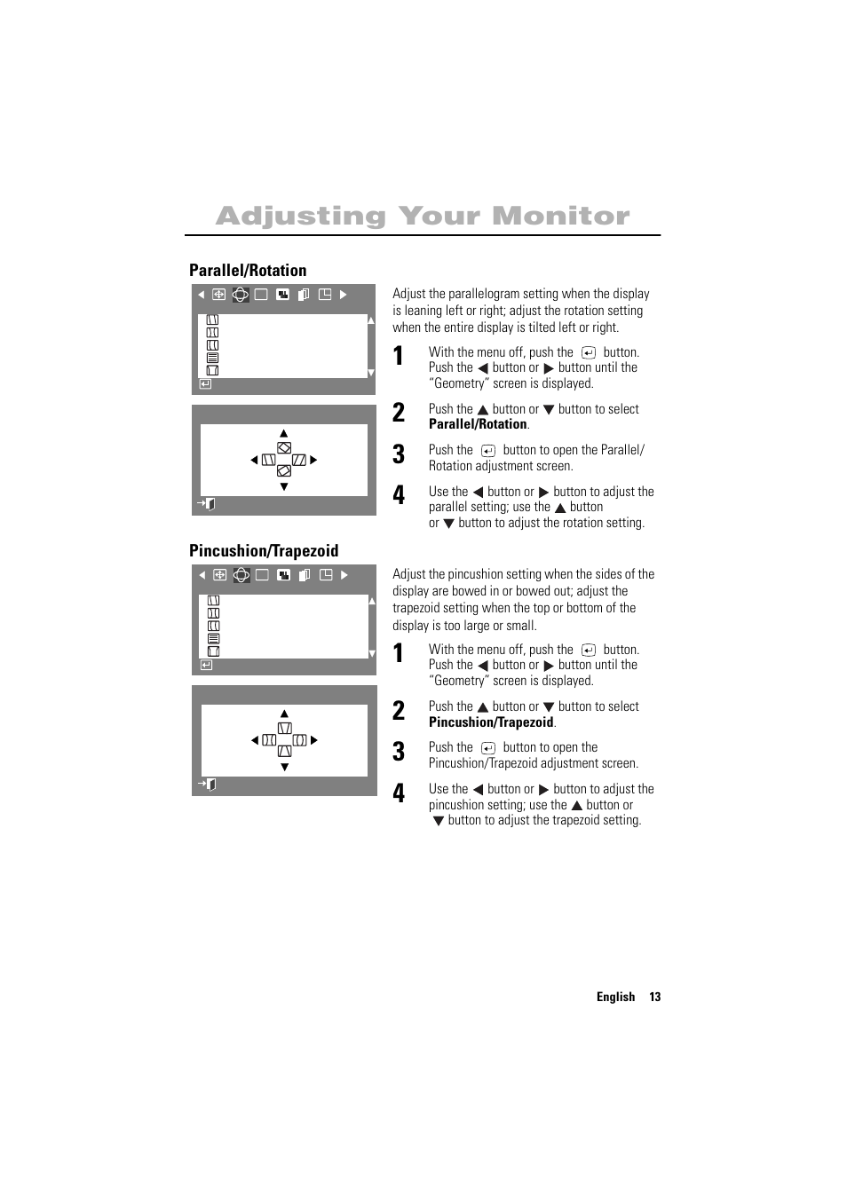 English adjusting your monitor | Samsung PG17NSBU-ADC User Manual | Page 15 / 35