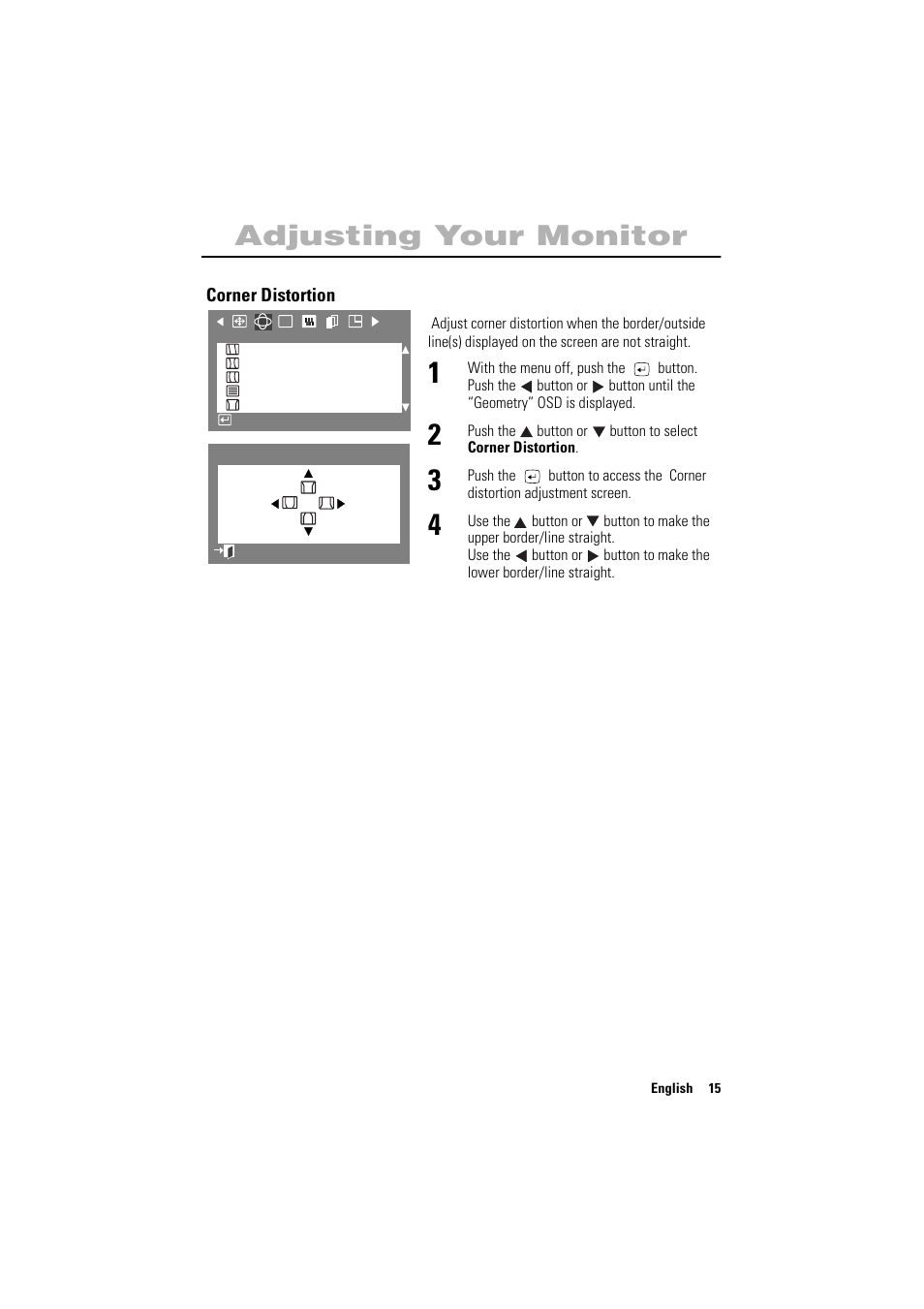 English adjusting your monitor | Samsung PG17NSBU-ADC User Manual | Page 17 / 35