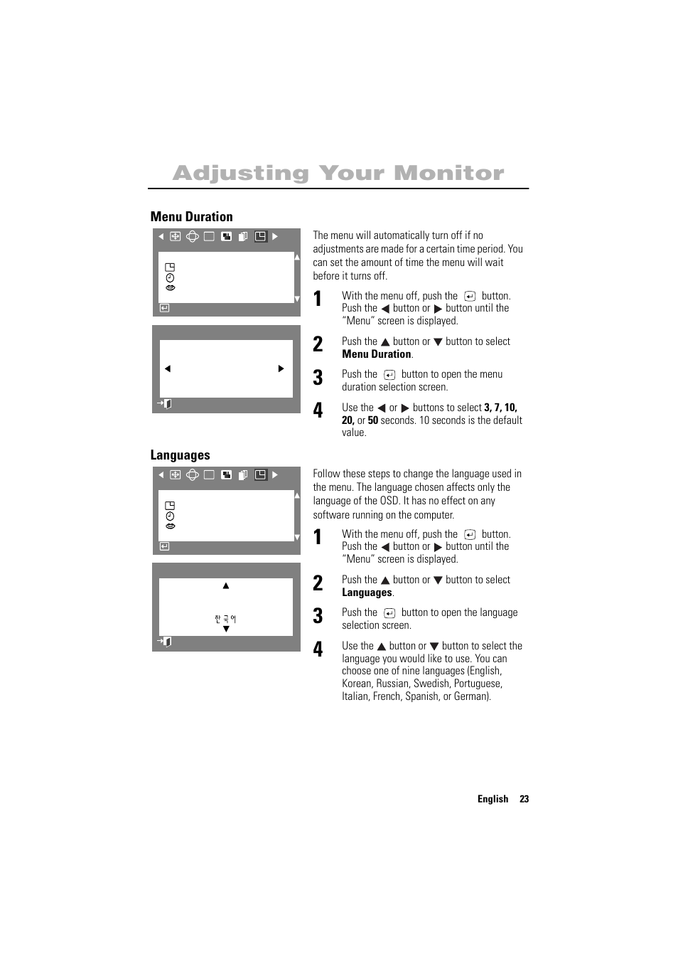 English adjusting your monitor | Samsung PG17NSBU-ADC User Manual | Page 25 / 35