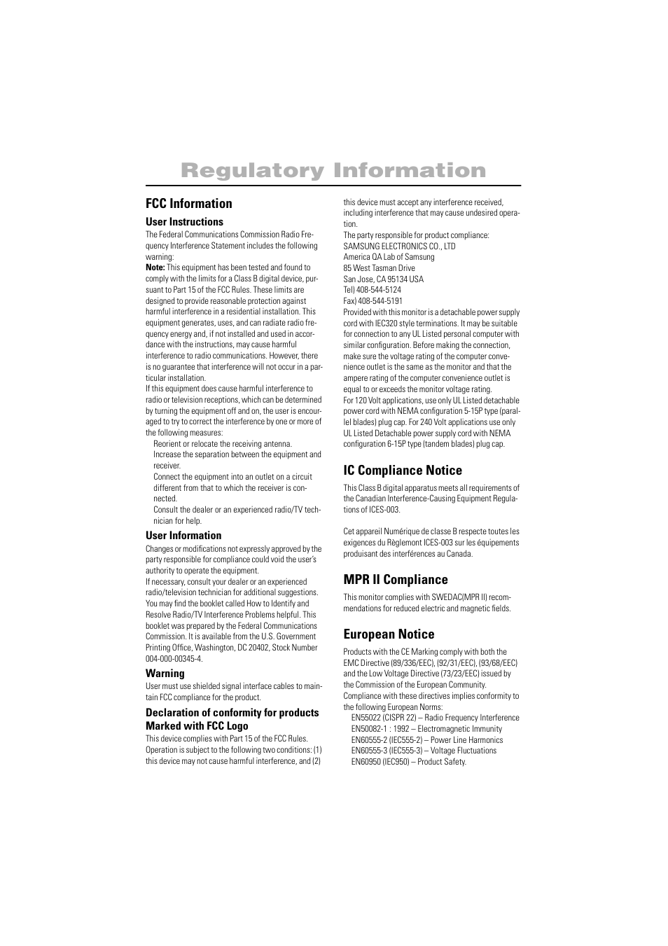 Fcc information, Ic compliance notice, Mpr ii compliance | European notice | Samsung PG17NSBU-ADC User Manual | Page 34 / 35