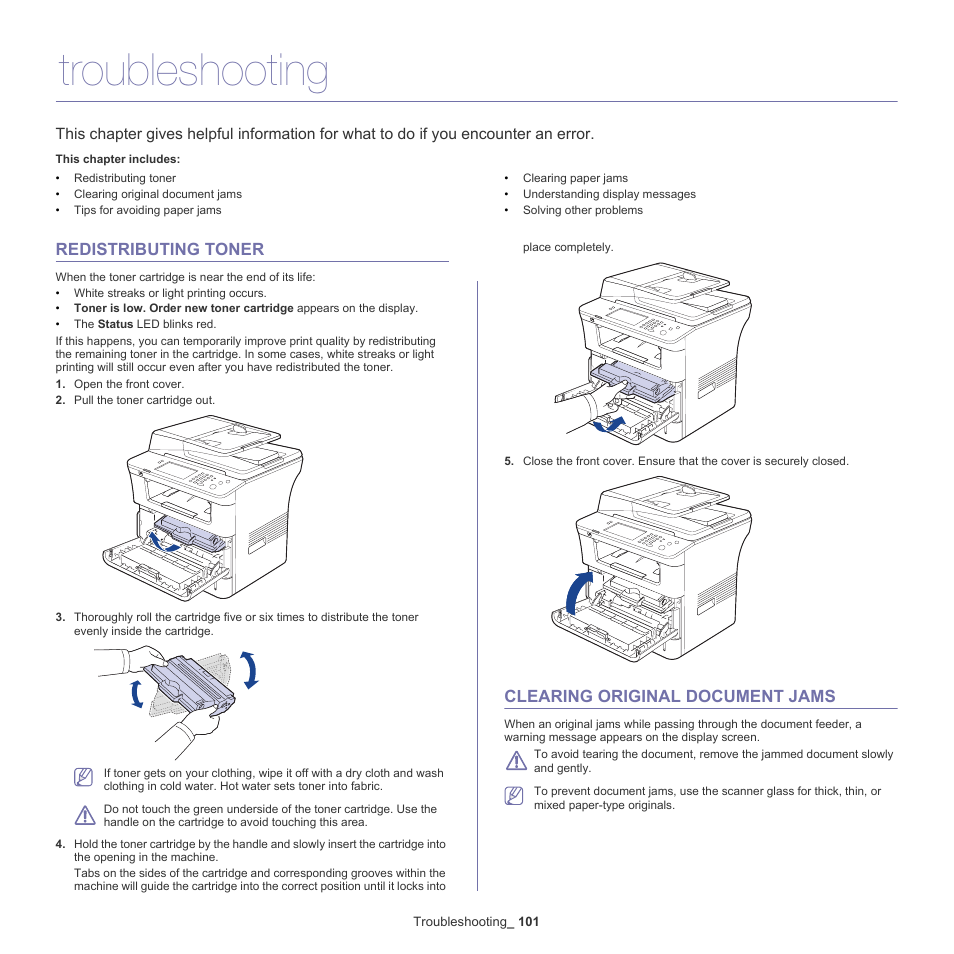 Troubleshooting, Redistributing toner, Clearing original document jams | Redistributing | Samsung SCX-5935NX-XAA User Manual | Page 101 / 133