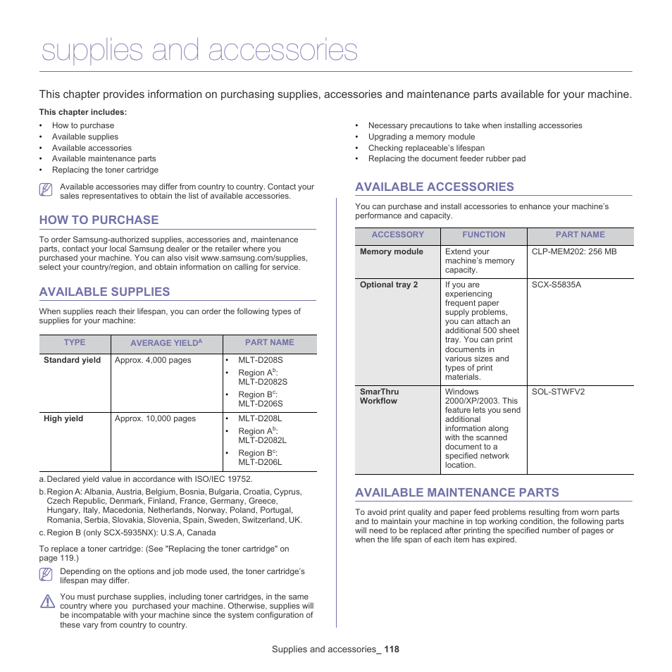 Supplies and accessories, How to purchase, Available supplies | Available accessories, Available maintenance parts, Available supplies" on | Samsung SCX-5935NX-XAA User Manual | Page 118 / 133