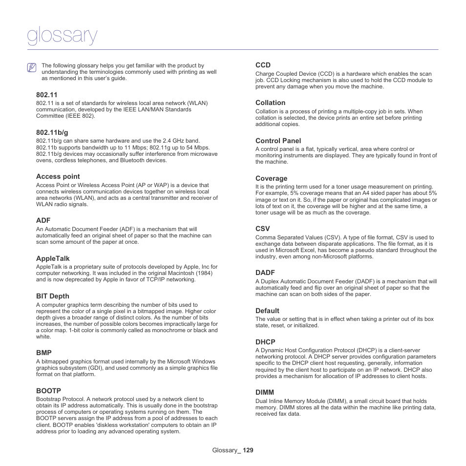 Glossary | Samsung SCX-5935NX-XAA User Manual | Page 129 / 133