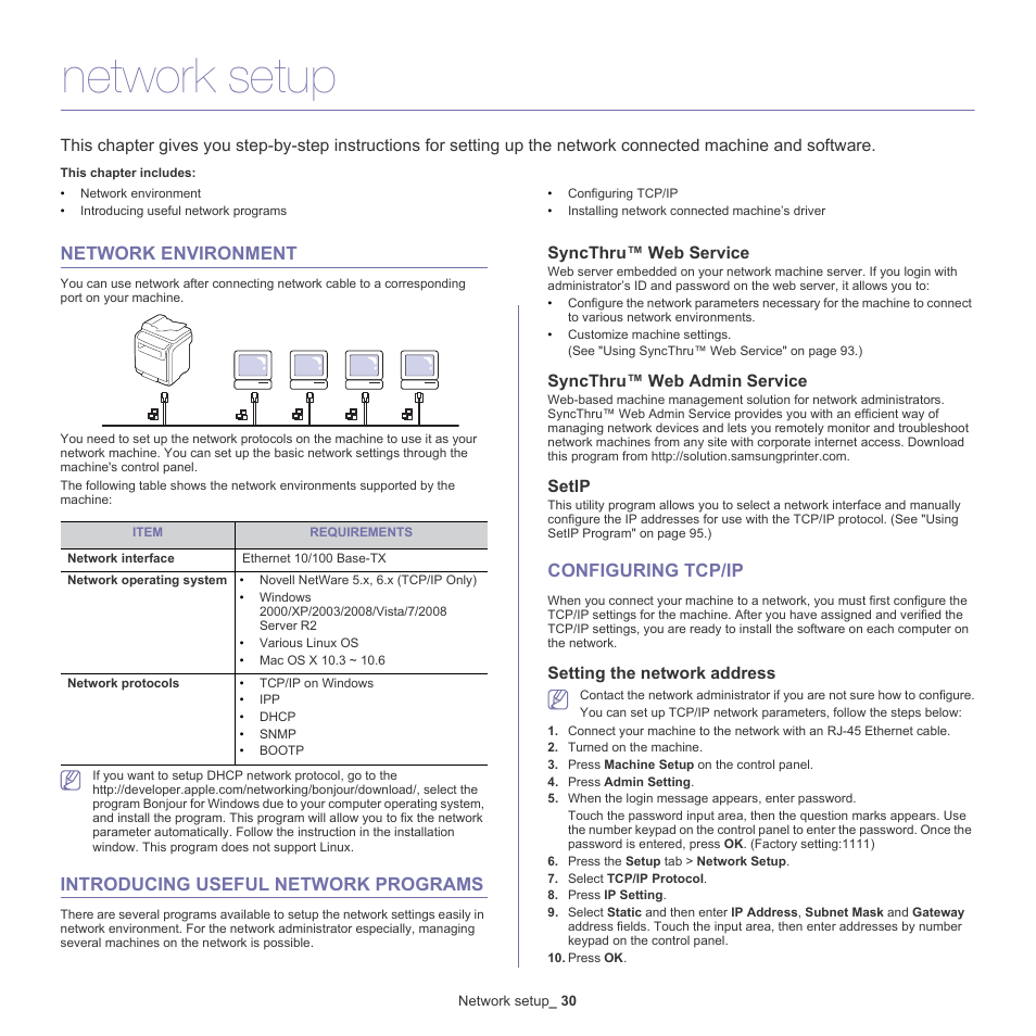 Network setup, Network environment, Introducing useful network programs | Configuring tcp/ip, Syncthru™ web service, Syncthru™ web admin service, Setip, Setting the network address | Samsung SCX-5935NX-XAA User Manual | Page 30 / 133