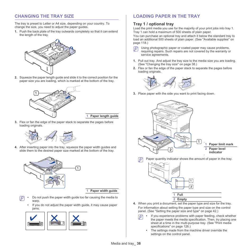 Changing the tray size, Loading paper in the tray, Tray 1 / optional tray | Samsung SCX-5935NX-XAA User Manual | Page 38 / 133