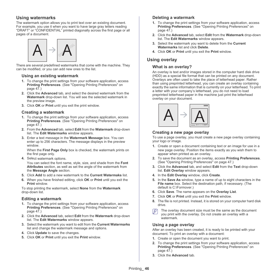 Using watermarks" on, Using watermarks, Using overlay | Samsung SCX-5935NX-XAA User Manual | Page 46 / 133