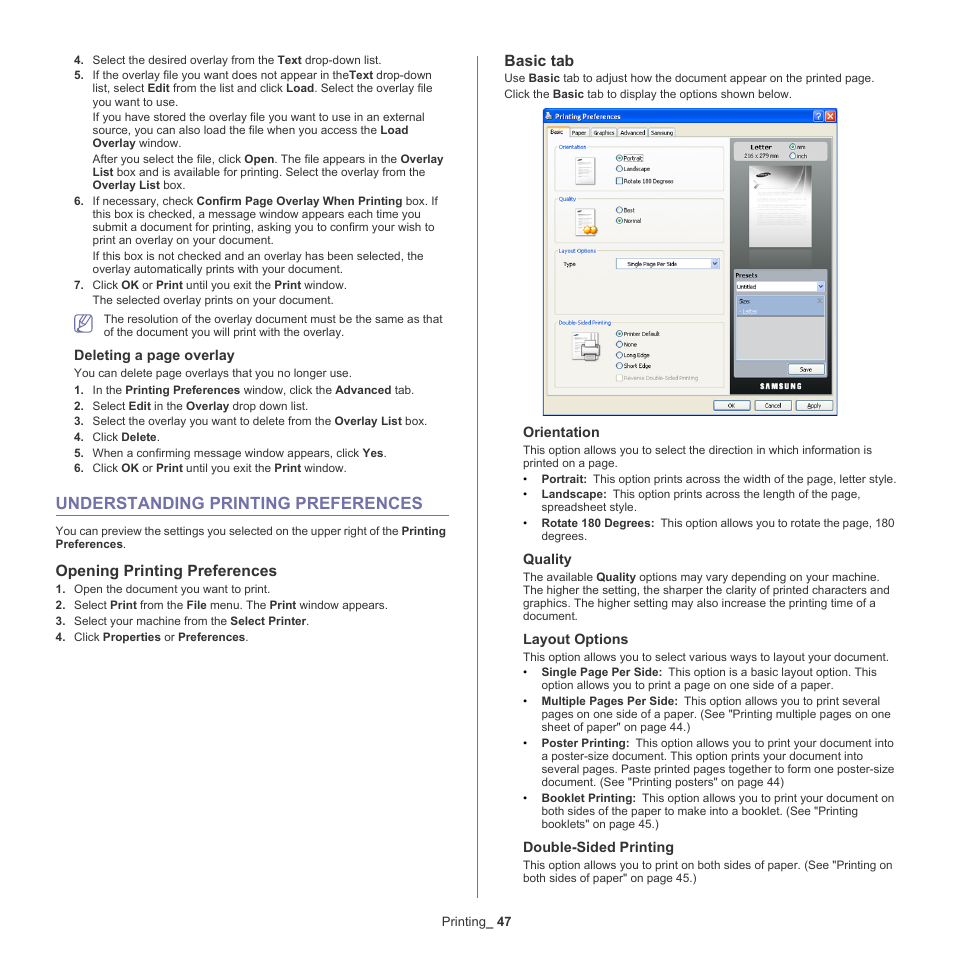 Understanding printing preferences, See "opening printing, Opening printing | Understanding printing, Opening printing preferences" on, See "opening printing preferences" on, Opening printing preferences, Basic tab | Samsung SCX-5935NX-XAA User Manual | Page 47 / 133