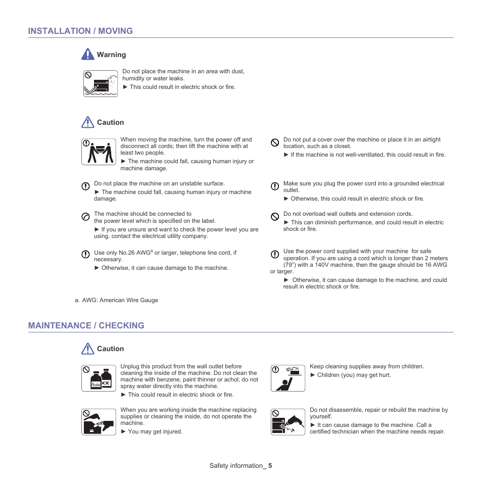 Installation / moving, Maintenance / checking | Samsung SCX-5935NX-XAA User Manual | Page 5 / 133