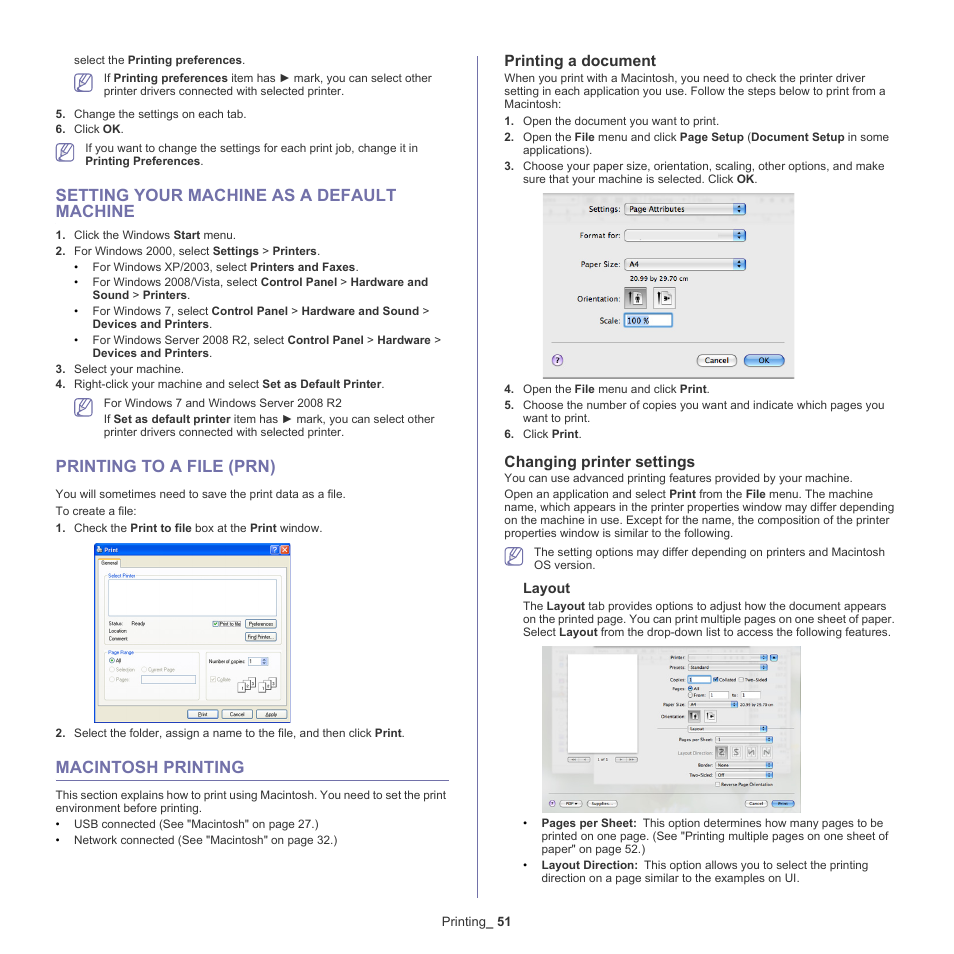 Setting your machine as a default machine, Printing to a file (prn), Macintosh printing | Printing a document, Changing printer settings | Samsung SCX-5935NX-XAA User Manual | Page 51 / 133